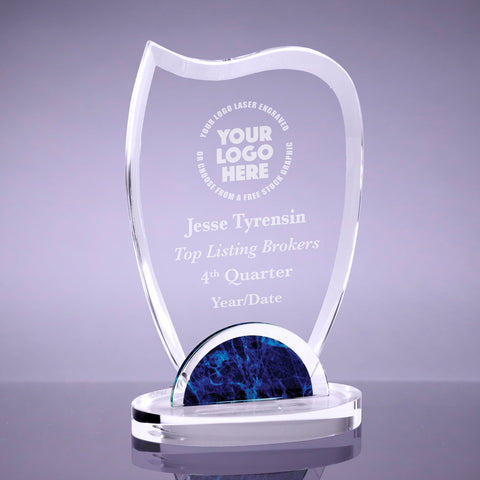 Wave Crystal Award with Blue Marble Accent - 7.5 inch [CM89-0-7]