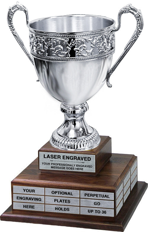 Silver Plated Italian Cup with Floral Bands Twin Tier Perpetual Trophy [TPP2L-6832]